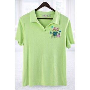 Quacker Factory Jeweled Knit Popover Polo Top Tee Spring Garden Embroidery L